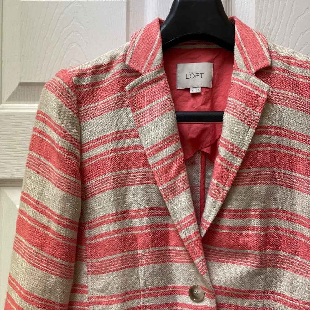 Loft Women's Sz 2 Linen Blend Cropped Coral/Beige Striped Cropped Blazer Jacket